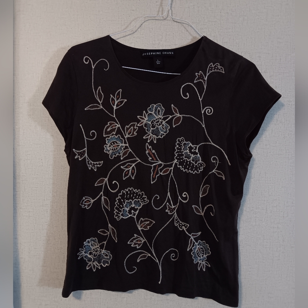 Josephine Chaus Brown  Top with Floral Embroidery Sz L